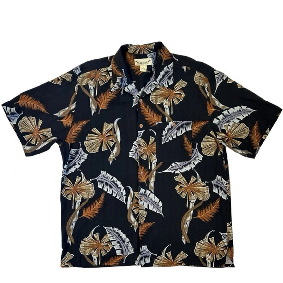 Vtg Paradise Coves Mens Blk Printed 100% Silk Button-Down Hawaiian Shirt Size XL - Picture 1 of 9